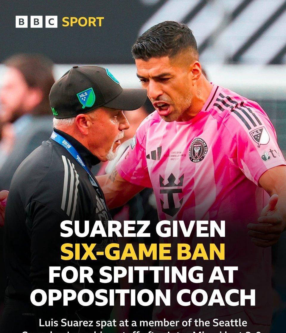 迈阿密巨星因向对手工作人员吐口水遭禁赛六场，美职联或将跟进处理